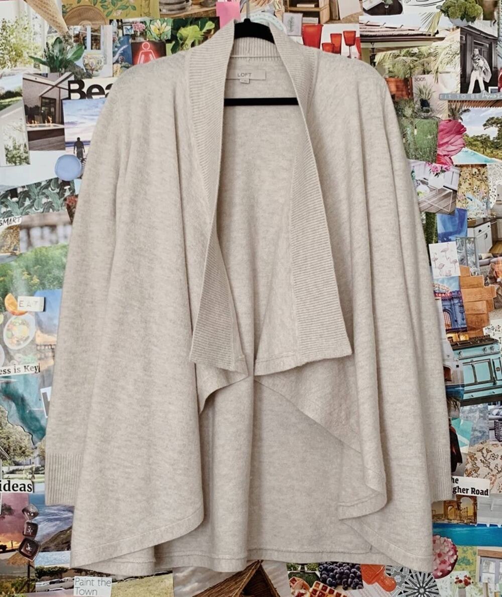 Cream LOFT Wool Blend Waterfall Open Front Cardigan Sweater S